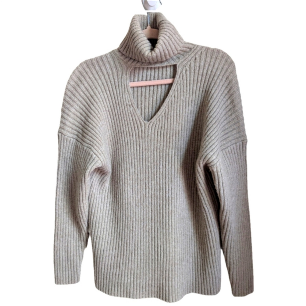 OAK + FORT Beige Cut Out Wool Minimalist Contemporary Turtleneck Knit Sweater XS